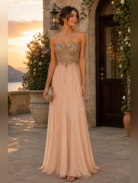 Jovani Dresses & Skirts - Jovani 81120 Blush Peach Beaded Chiffon Formal Gown | Crystal Bodice | Gala 6